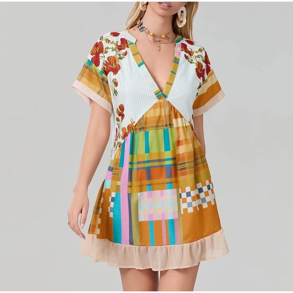 Bohemian Patchwork Mini Dress with V-Neck in Mustard Multicolor